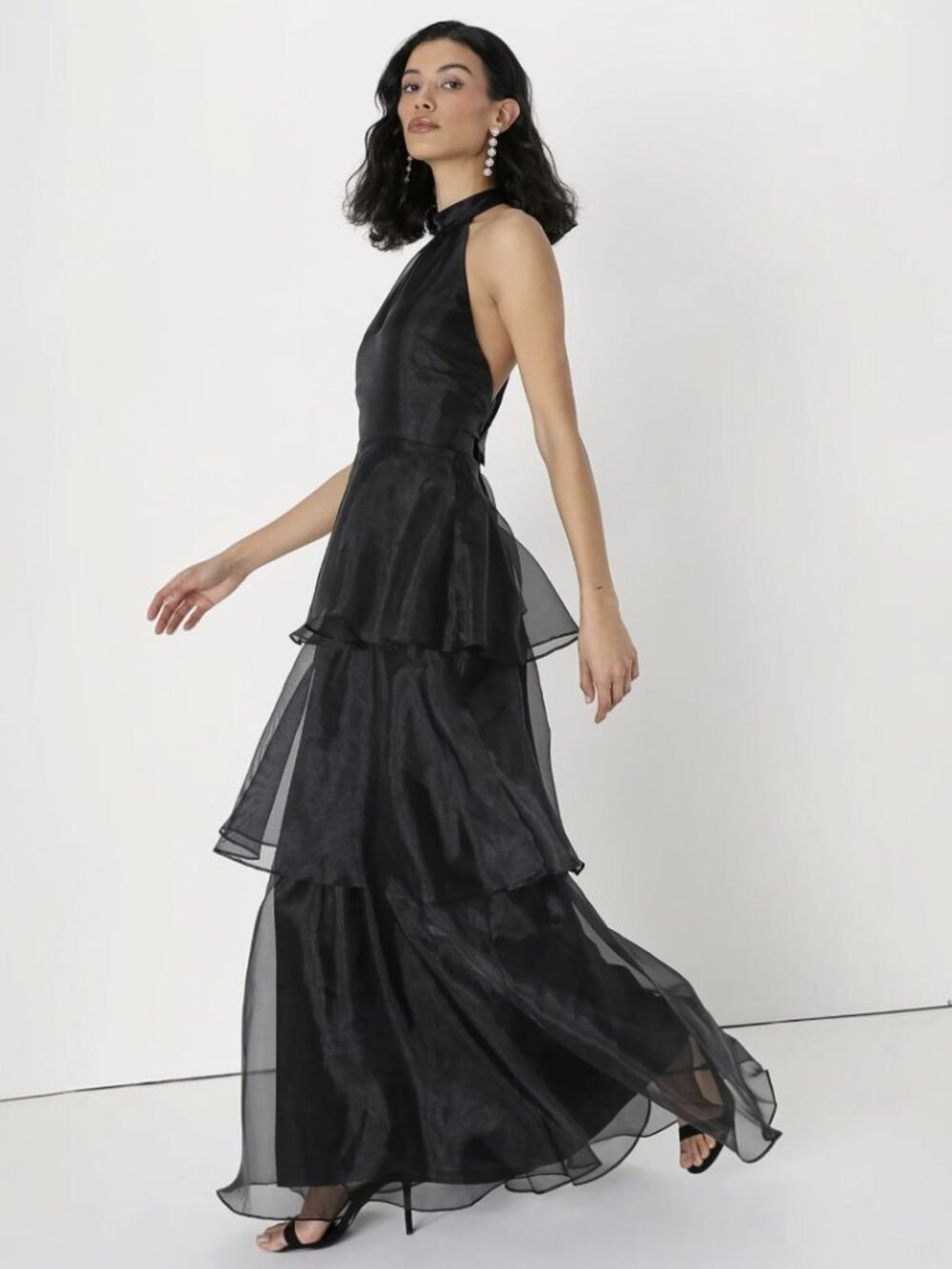 NWT Lulus Perfect Beauty Black Organza Backless Tiered Maxi Dress (size S) - Picture 3 of 11